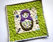 Matryoshka mini quilt, quilted mug rug, mug mat