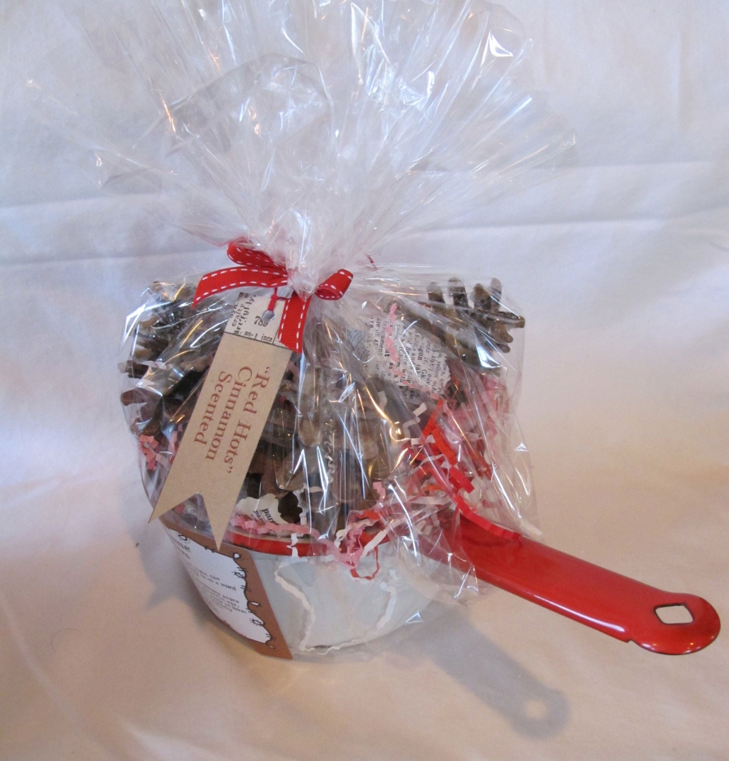 Define Flame, Handmade, Pinecone, Fire Starters, Valentines Day, Vintage Enamelware, Gift, Red Hots, Cinnamon Scented