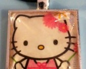 Hello Kitty Pendant Necklace, Glass Tile Necklace, Glass Tile Pendant,  Glass Shell Necklace