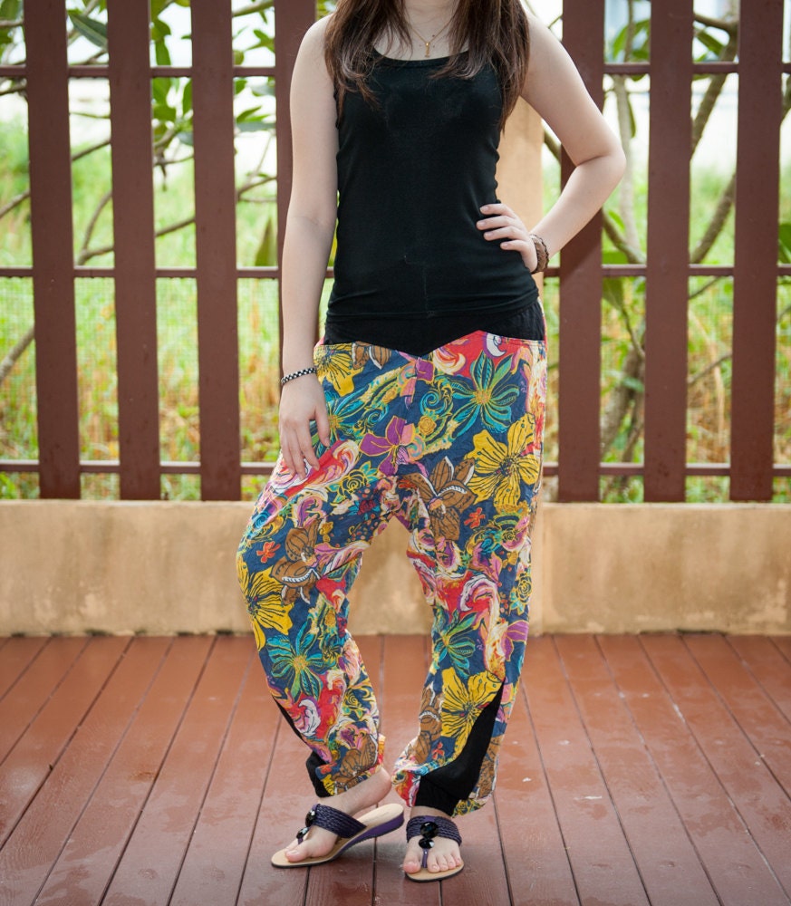 Harem Crinkle Pants Cotton Colorful Flora Pattern (FH-5)
