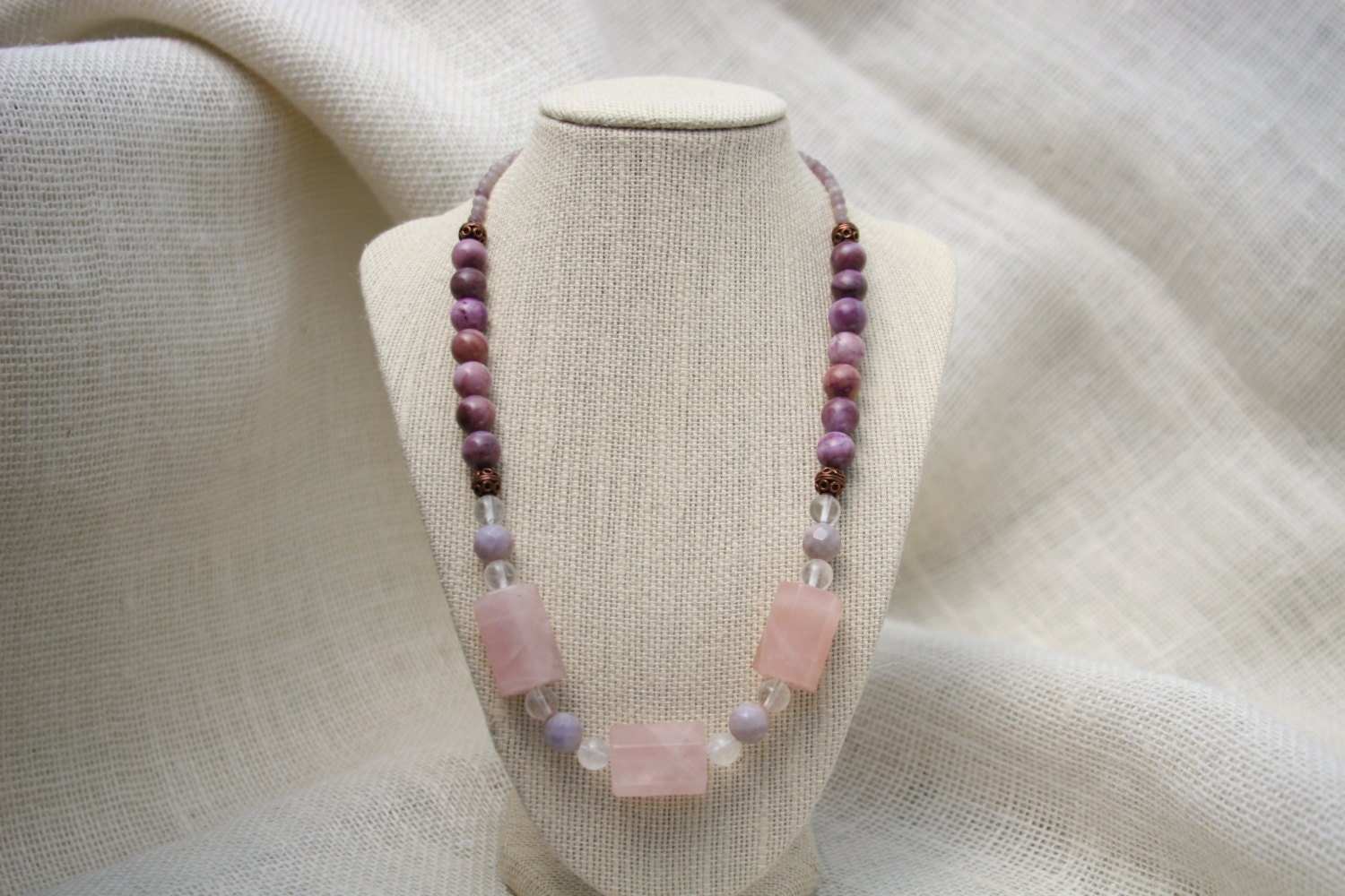 pink and purple earthy, rustic, boho necklace, subtle colors, chunky necklace, pink, purple, and clear princess necklace