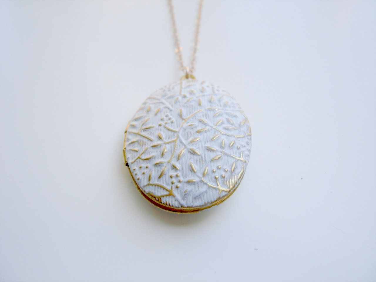 Floral Locket - Vintage Antique Brass Verdigris White Patina Oval 14k Gold Filled Locket Necklace by Emeline Darling