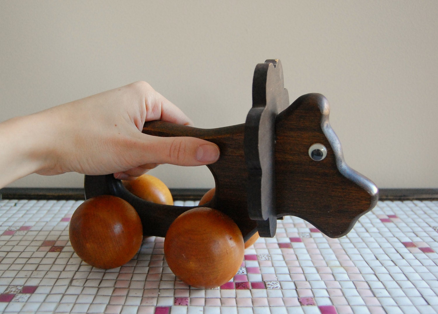 Retro Wooden Lion Toy - Rolling Natural 1960s 1970s Safari Jungle Animal Googly Eyes Cute Children Vintage Classic