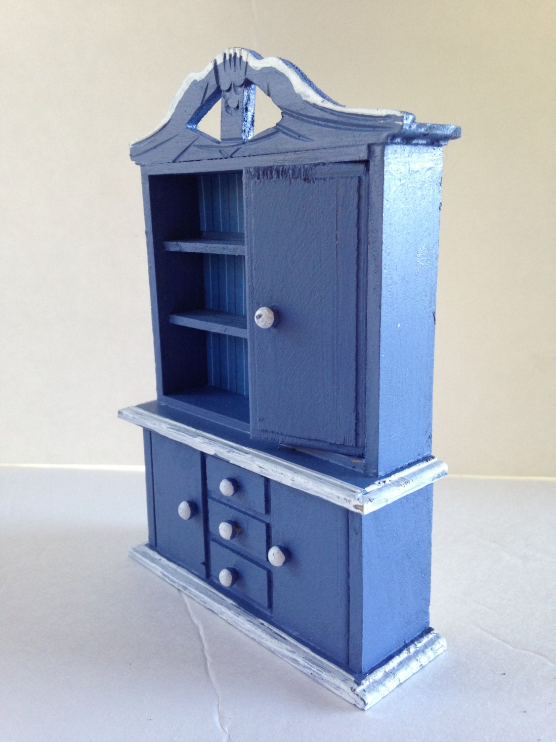 Country Cupboard - Dollhouse Blue Kitchen Cabinet with White Accents - Miniature Hutch - Fairy Furniture - EightBoardsFarm