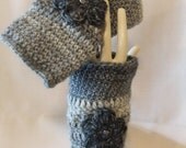 Fingerless Gloves Mittens Handmade Crocheted Woman Girl Wrist Arm Warmers Grey White Fingerless Crochet Handmade Accessory with  Flower