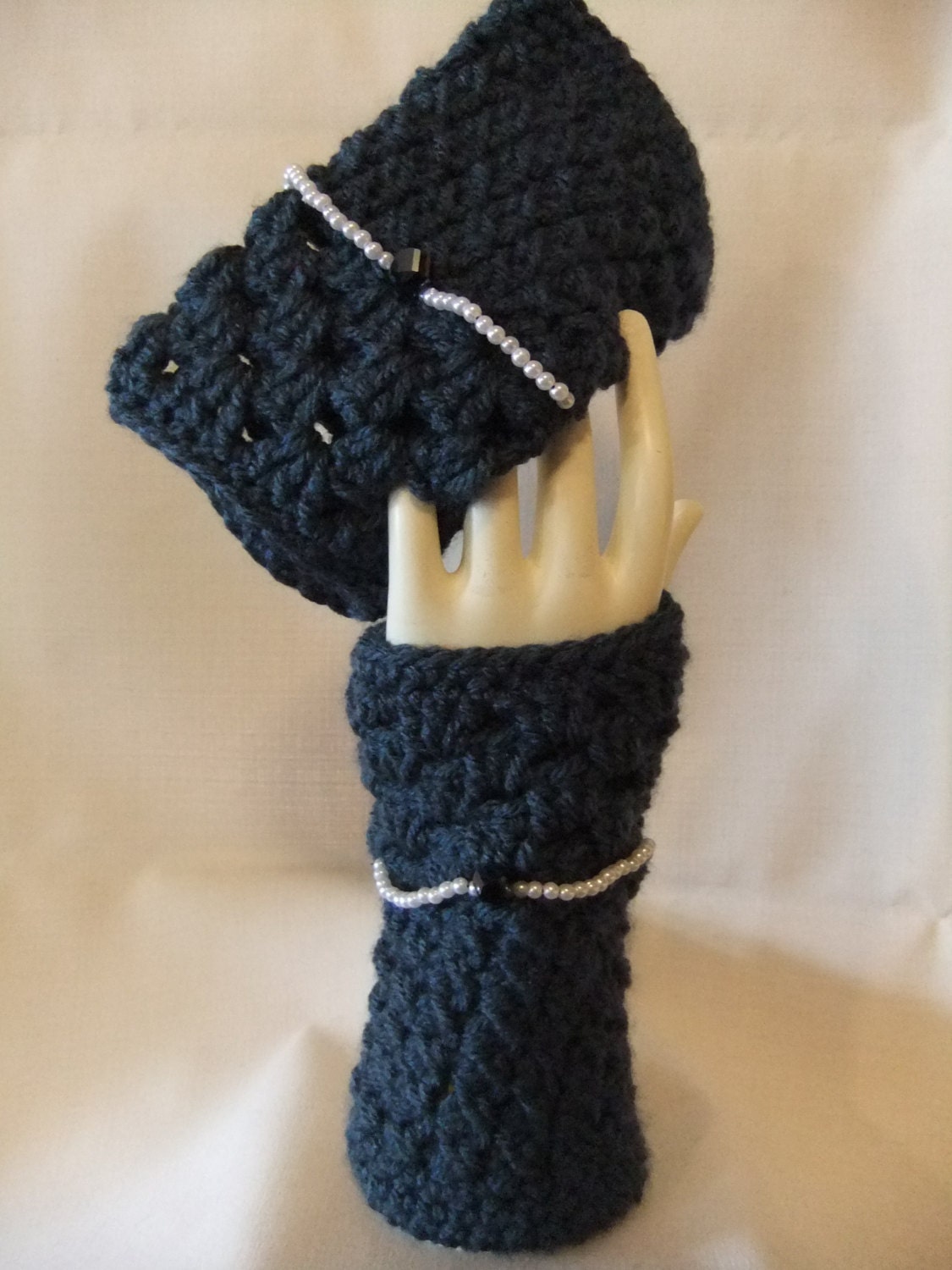 Fingerless Gloves Mittens Handmade Crocheted Woman Girl Wrist Arm Warmers Blue Fingerless Handmade Accessory with  Pearls