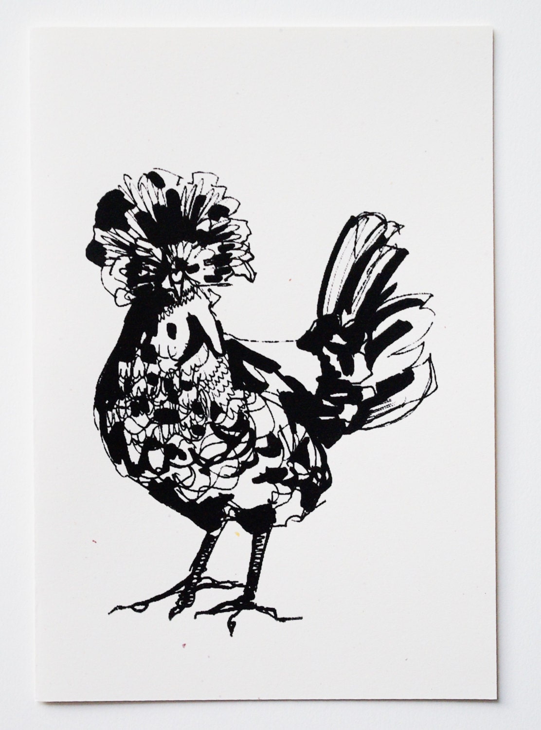 Fancy Chicken Greeting Card - Black and White Screen Print - Handmade Blank Art