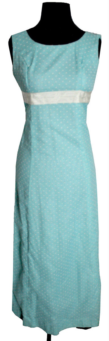 SALE - 1960s Blue Empire Waist Maxi Dress with Decorative Ribbon - Blue Summer Dress -  Cotton Maxi