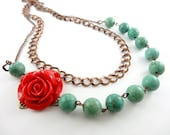Turquoise Stone Red Rose Flower Necklace - Asymmetrical Floral Necklace - Wedding Bridesmaid Party Jewelry
