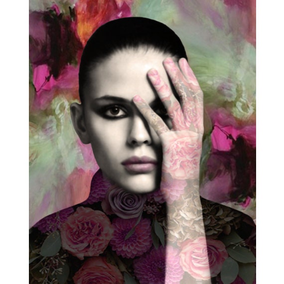 Black and white portrait goddess photomontage digital art print abstract flowers pink green wall art - VoogsArt
