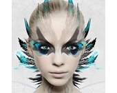 Aqua black portrait photomontage digital art print butterfly feather collage wall art