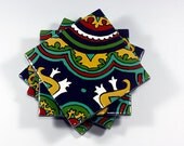 Cobalt Blue, Yellow & Teal Talavera Style Coasters/Talavera Style Tiles -- "Classic Medallion" -- Set of Four