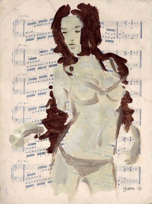 Original painting on vintage music score - woman undressing - boudoir