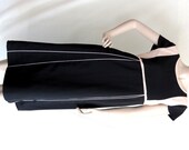 V143 Scoop Neck Midi Dress 50s Color Block Black Cream Dress Cap Short Sleeve Tent Sack Working Women Vintage Clothing Dress Stripe Large L