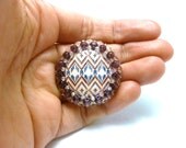 Tribal Brooch, geometric, beadwork, Native, Exotic, red,blue, oxblood, embroidered, spring, OOAK, BR04