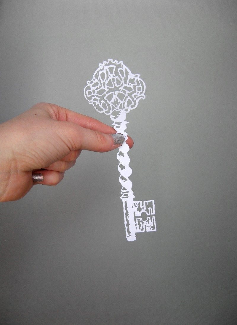 Ornate Antique Skeleton Key papercut scherenschnitte  in White