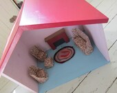 Vintage, 1970's-80's Dollhouse Furniture, 1" Scale Living Room Set, Wood Fireplace, Handmade Rug, One Room, Solid Wood, Painted, Dollhouse