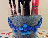 Makeup brush holder, Classic dark blue flower makeup brush holder, makeup organizer, handmade glass, mother gift, bridal gift, birthday gift