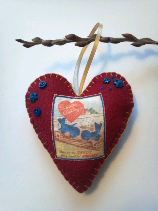 Felt Heart Ornaments Vintage Valentine Blue Birds