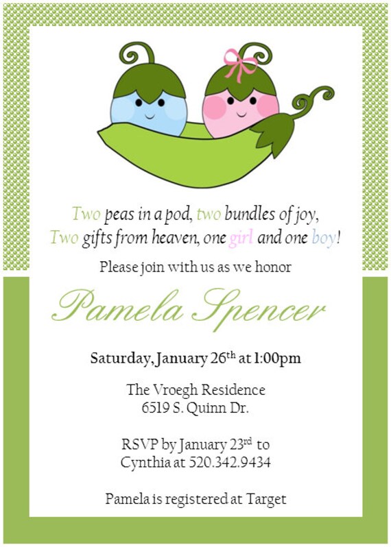 Printable Twin Baby Shower Invitations, Two Peas In A Pod