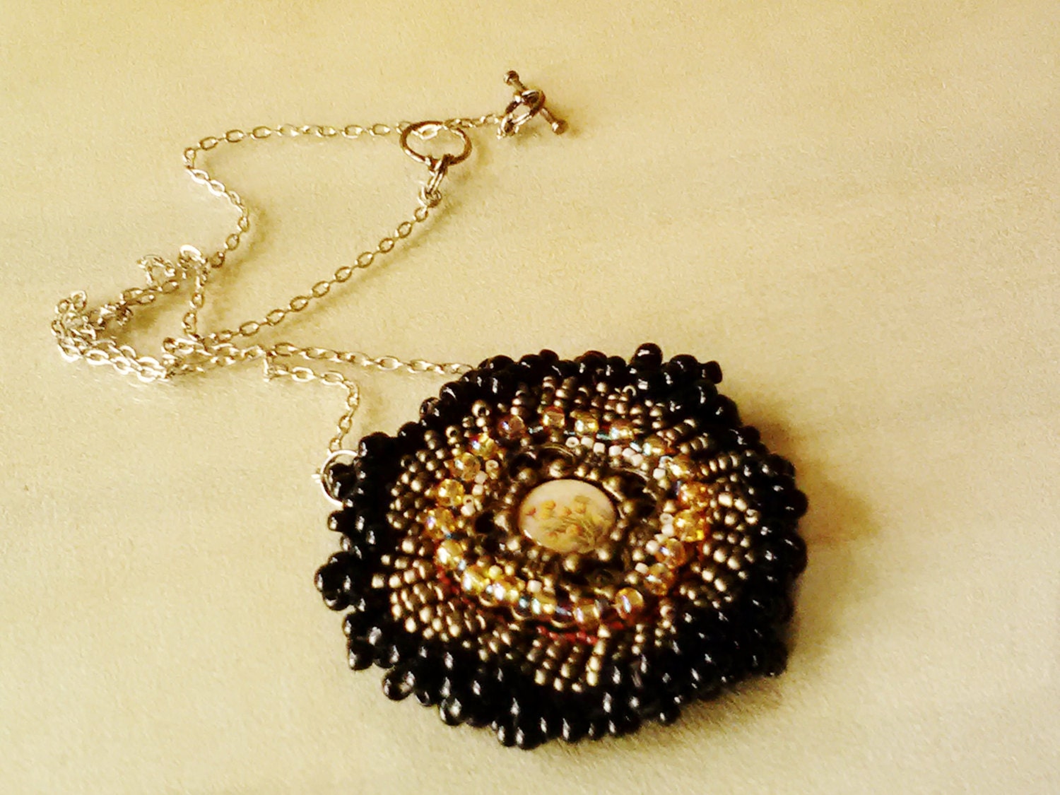 Bead Embroidered Black & Gold Floral Tulip Medallion Necklace - Downton Abbey Style Beaded Jewelry, Steampunk Style, Black Brass Yellow Gold
