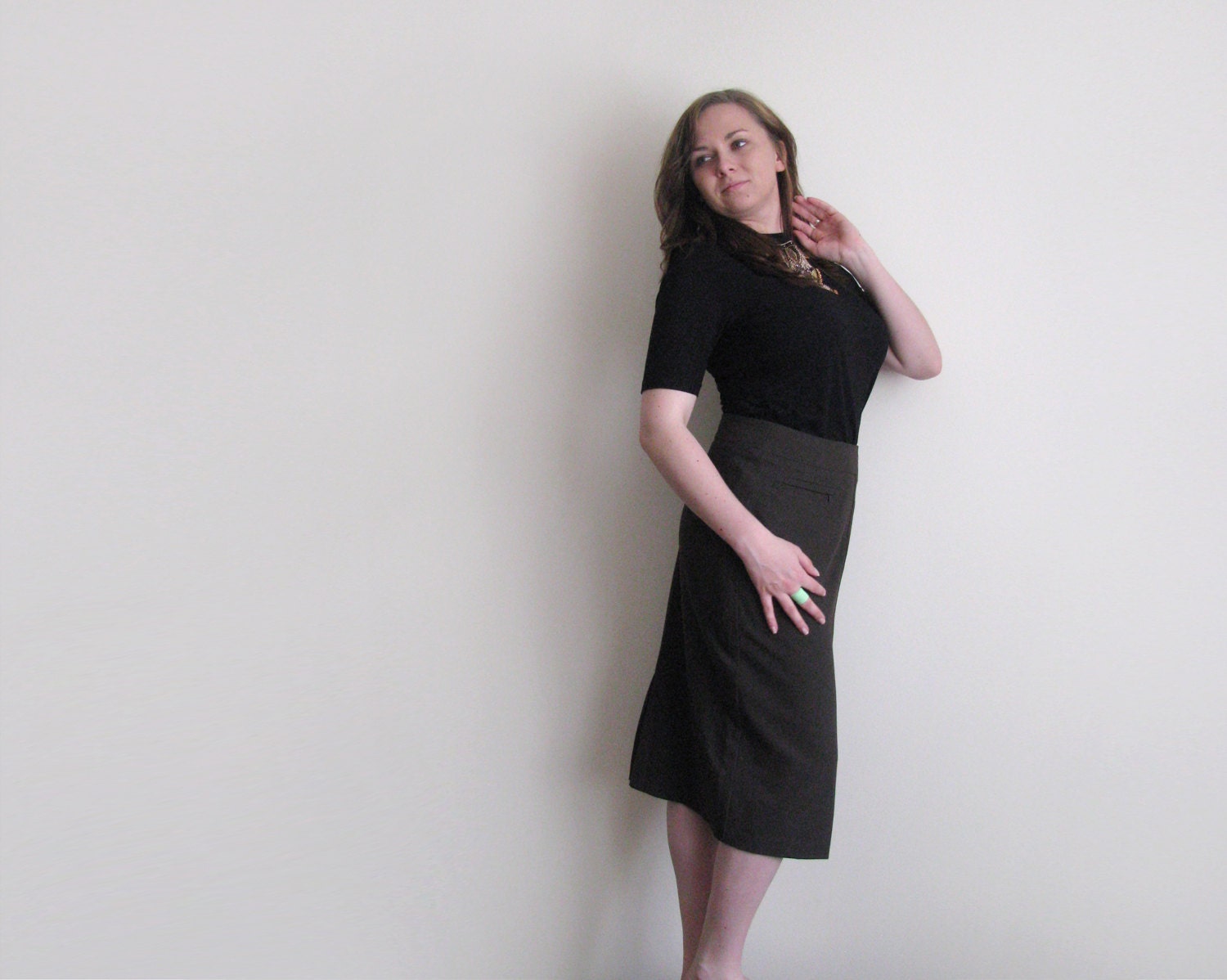 Vintage casual brown skirt with faux pockets, retro skirt