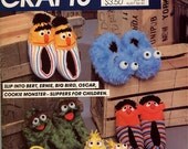 1980s McCalls 702 Vintage Sesame Street Slippers for Children - Bert, Ernie, Oscar, Cookie Monster, Big Bird - UNCUT Mint Condition