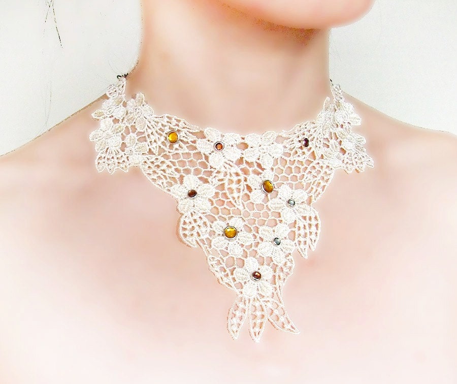SALE large lace bib necklace bridal choker cream flower crystal chain handmade Fabric jewelry woman wedding party