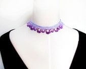 Sale hand painted lace purple gold beaded choker necklace steampunk boho chic vintage handmade fabric jewelry gift