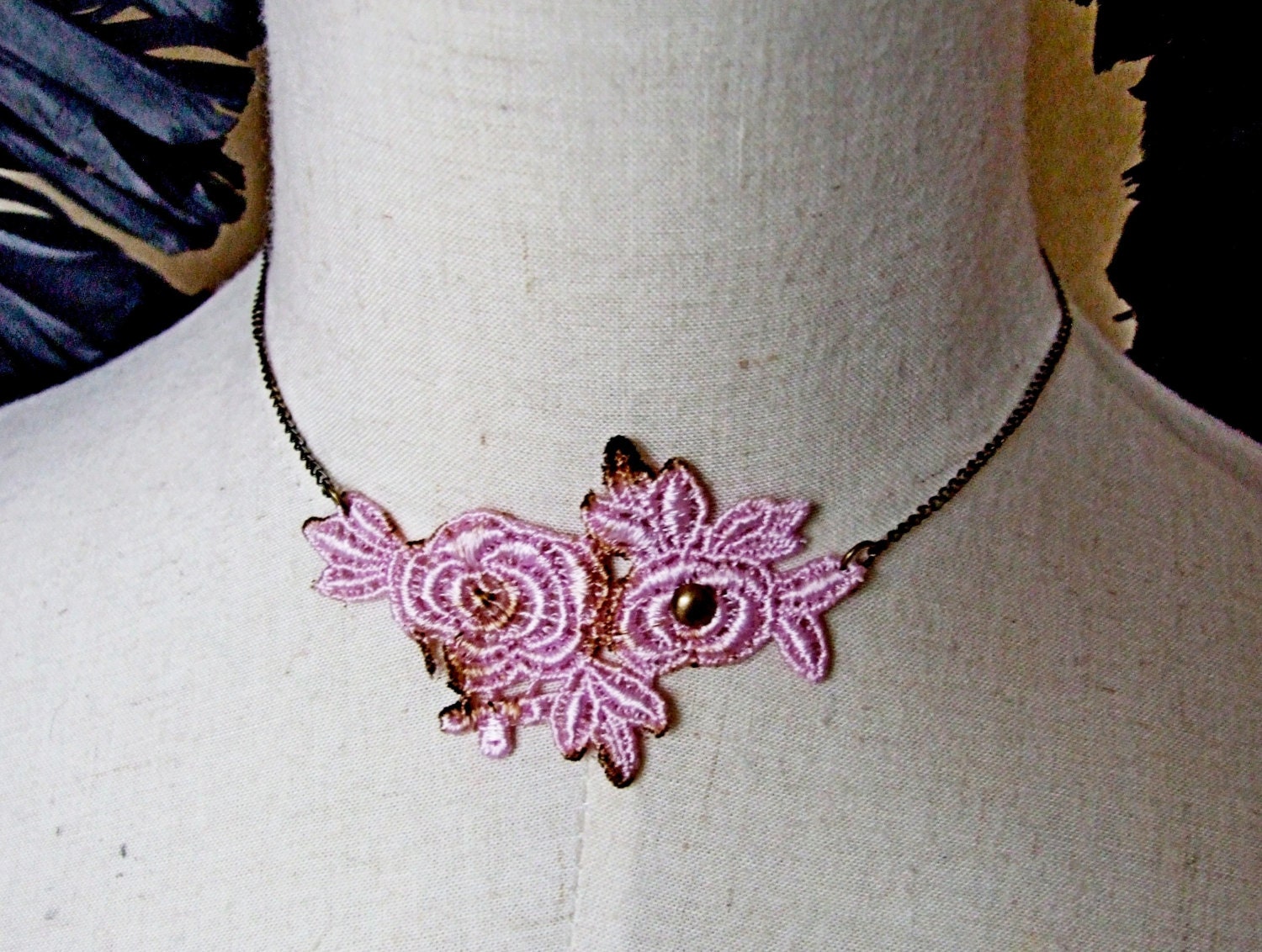 Gothic steampunk rose pinkfloral lace  flower pendant choker necklace burnt wearable art vintage goth vamp wicca