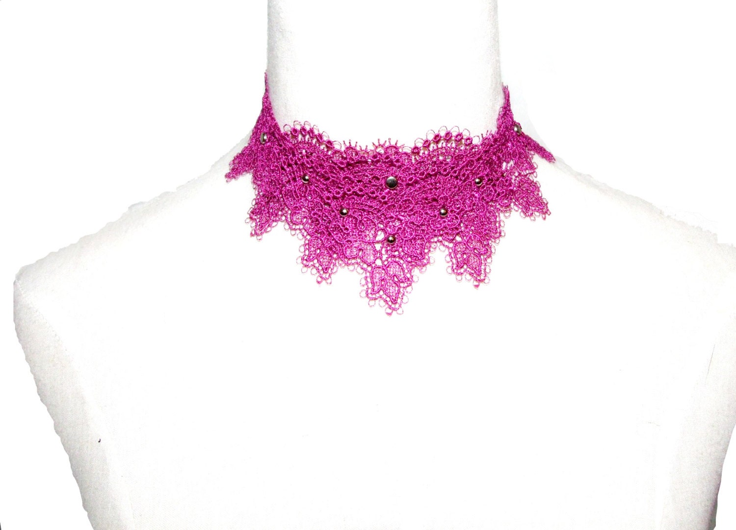 Handmade large floral lace layers choker steampunk necklace - vintage Victorian pink purple silver charms Unique women jewelry gift