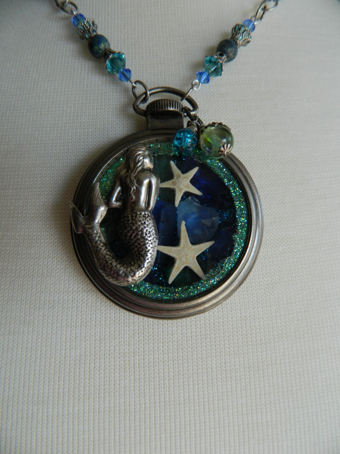 MERMAID DREAMS - antiqued silver - beach glass mermaid starfish ocean necklace by Changing Seasons