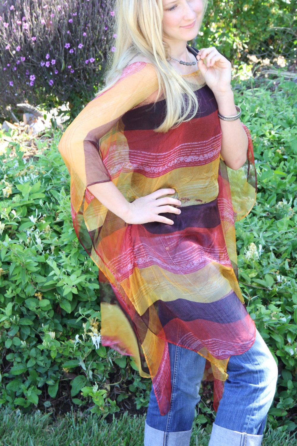 Sheer Silk Caftan, Bathing Suit Cover Up Sheer, Womens Summer Dress, Resort Summer Tunic, Striped Cover Up