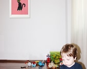 Nursery wall art print - Black Cat on pink.  Nursery wall art modern. 8x10 inches. Children wall art  prints.