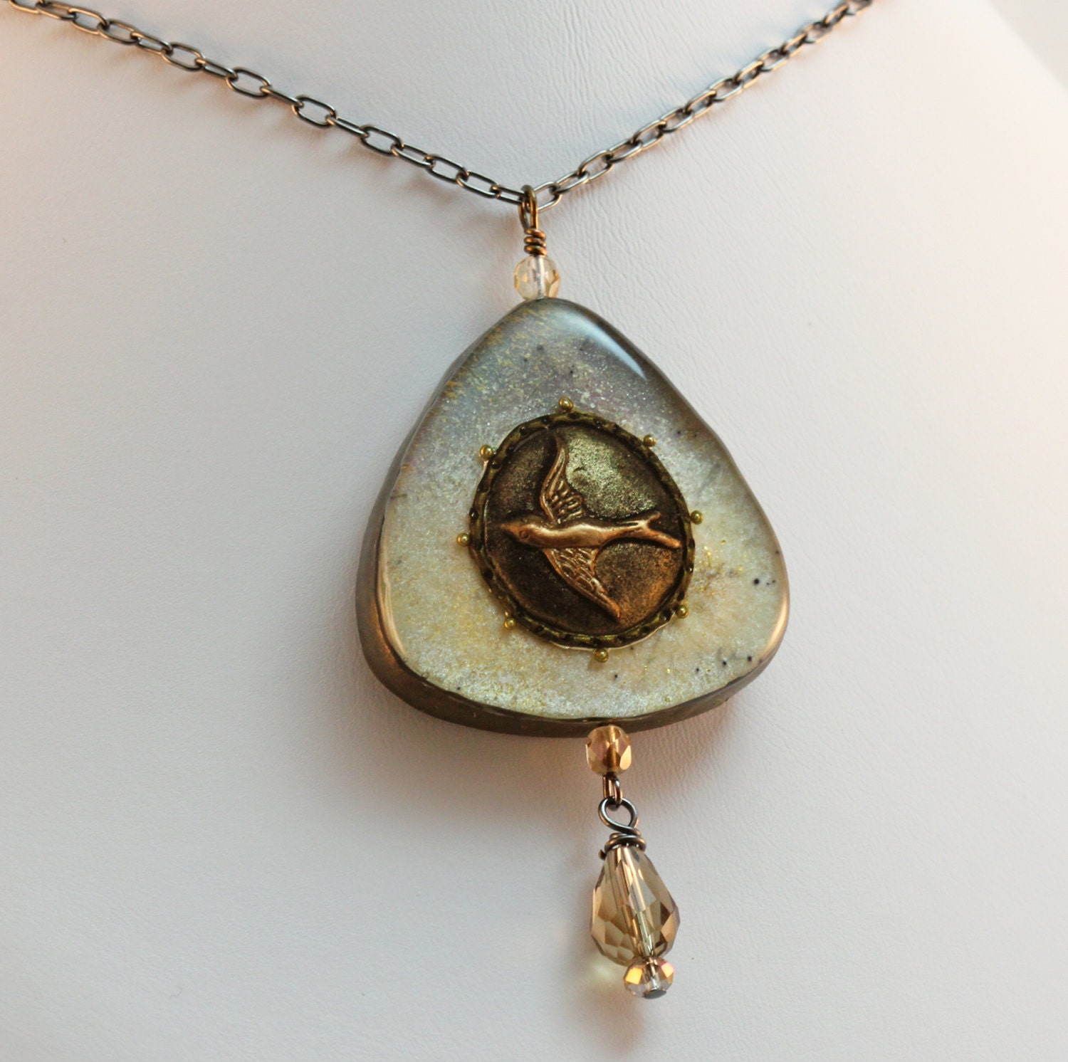 Handmade bird charm necklace shades of blue, pearl, periwinkle blue, art jewelry, unique necklace