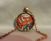 Monogram Alice Wonderland Cat Initial Pendant Necklace Glass Dome Jewelry Charm Round Circle -  Plated Silver or Brass or Copper or Black