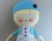 April, 18" cloth doll, rag doll, customizable, turquoise, yellow, raindrop print, cap, springtime