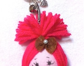 Keychain Doll, Yarn, Felt Fabric Ribbon with Bead, Charm Heart, Silver Bell, Backpack Bag Accessory, Handmade