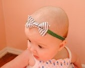 Baby Bow Headband - Grey gray and white striped seersucker cotton fabric bow on green velvet elastic headband. perfect for spring and summer