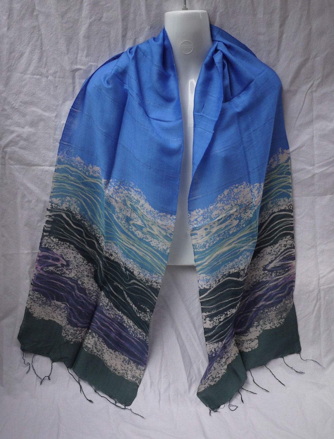 Thai silk & cotton scarf - Silk cotton mix handpainted batik - handmade light weave Thailand scarf  - blue cotton silk hand painted batik