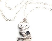 Silver Owl Necklace, Woodland Barn Owl Pendant, Animal Necklace, Owl on a Branch, Cute Owl Necklace, Silver Owl Pendant