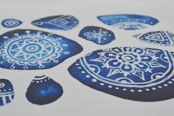 Blue Pebbles, Art Print, 7x5 inch, Aquarel and Gouache