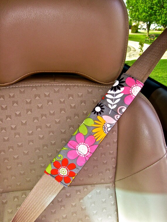 Seat Belt Strap Cover Flowers with Reversible Black by SewSerene4