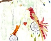 Follow Your Dreams Archival Print, 8x10 Bird and Cat digital illustration art, Unique Children Decor Art Print uk