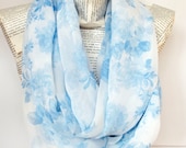 Chiffon Lightweight Sky Blue IWhite Flower Print infinity Scarf, Circle Scarf, New Season, Woman Accessory
