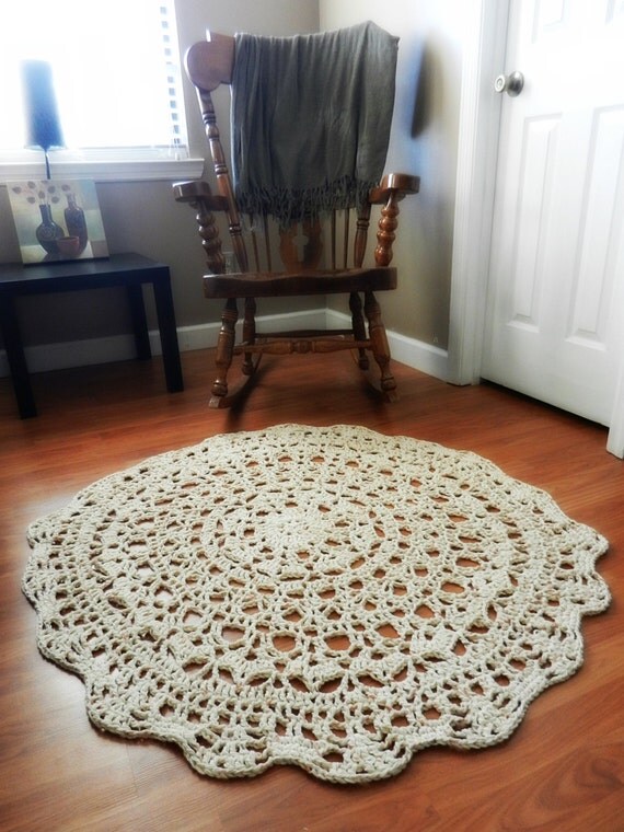 Giant Crochet Doily Rug in Rustic Ecru tan beige by EvaVillain
