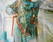 Multicolored detailed asymmetric fiber art freeform lagenlook tunic/dress in orange green turquoise with 1 single sleeve & fabric accents