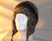 Hand Knitted Ear Flap Hat, Size-XL Color-Camo with brown stripe