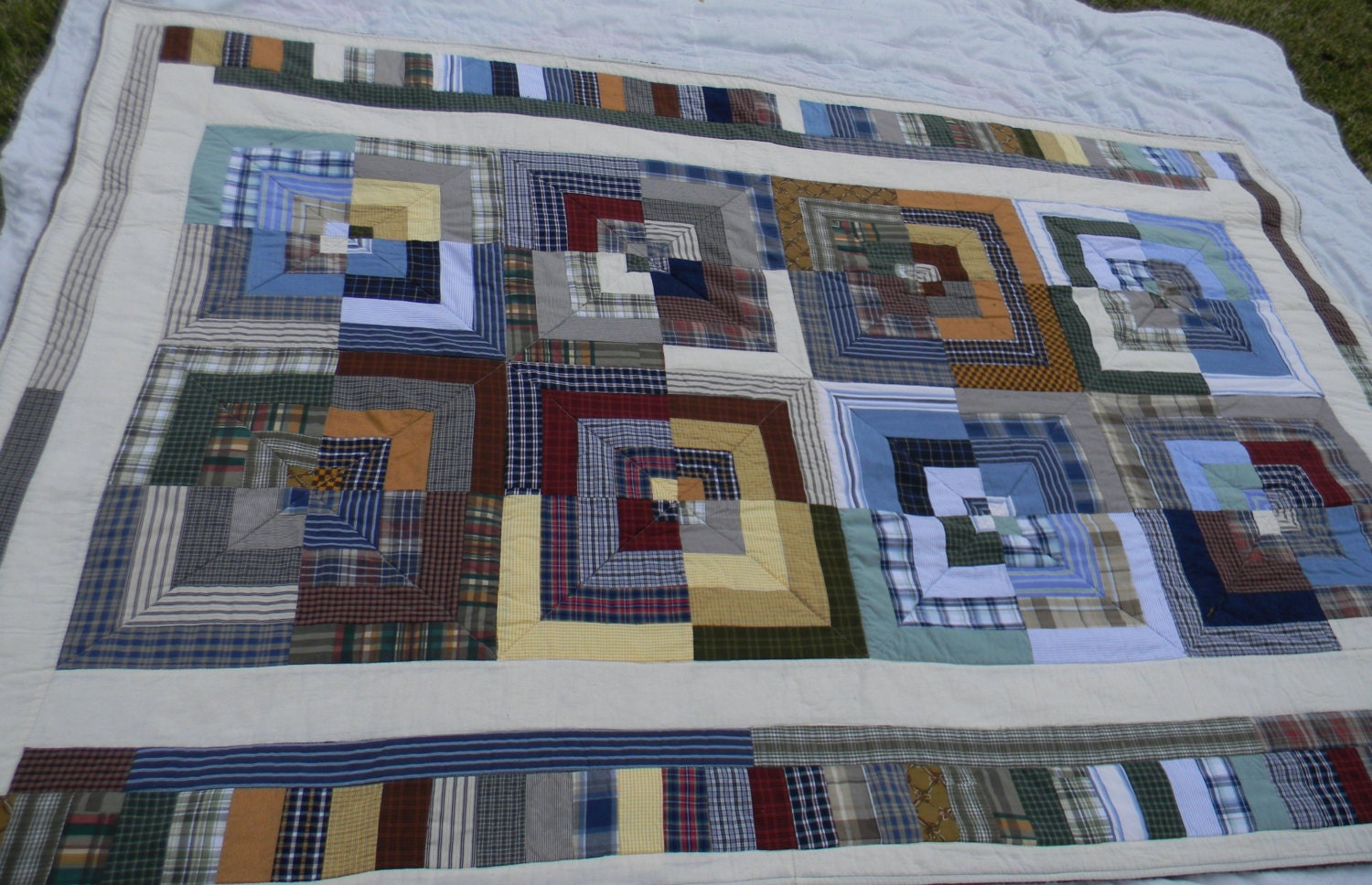 Dad's Shirt Modern Square Handmade Twin Quilt with Warm and Fluffy Backing using Recycled Men's Shirts