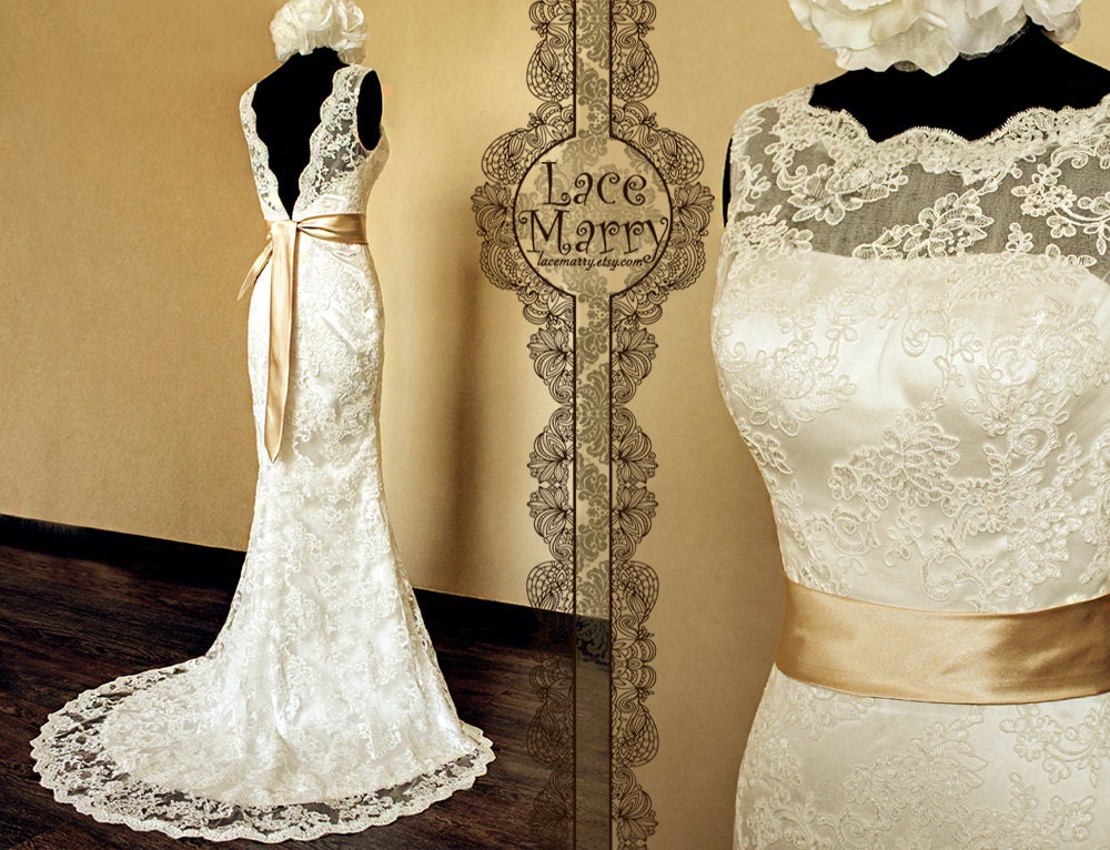 Deep V-Cut Back Vintage Style Lace Wedding Dress Features Illusion Neckline and Satin Sash